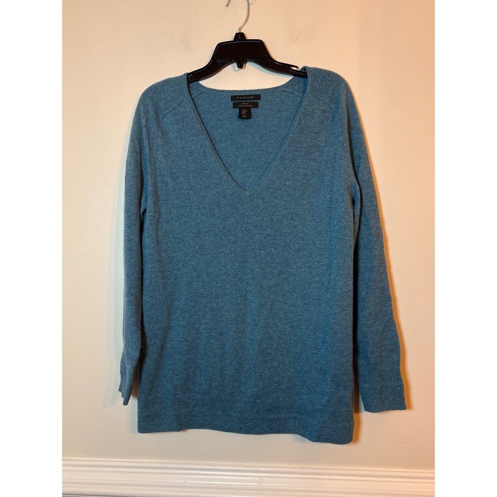 Tahari Sweater Women Medium Blue Cashmere V-Neck Long Sleeve Pure Luxe Knit